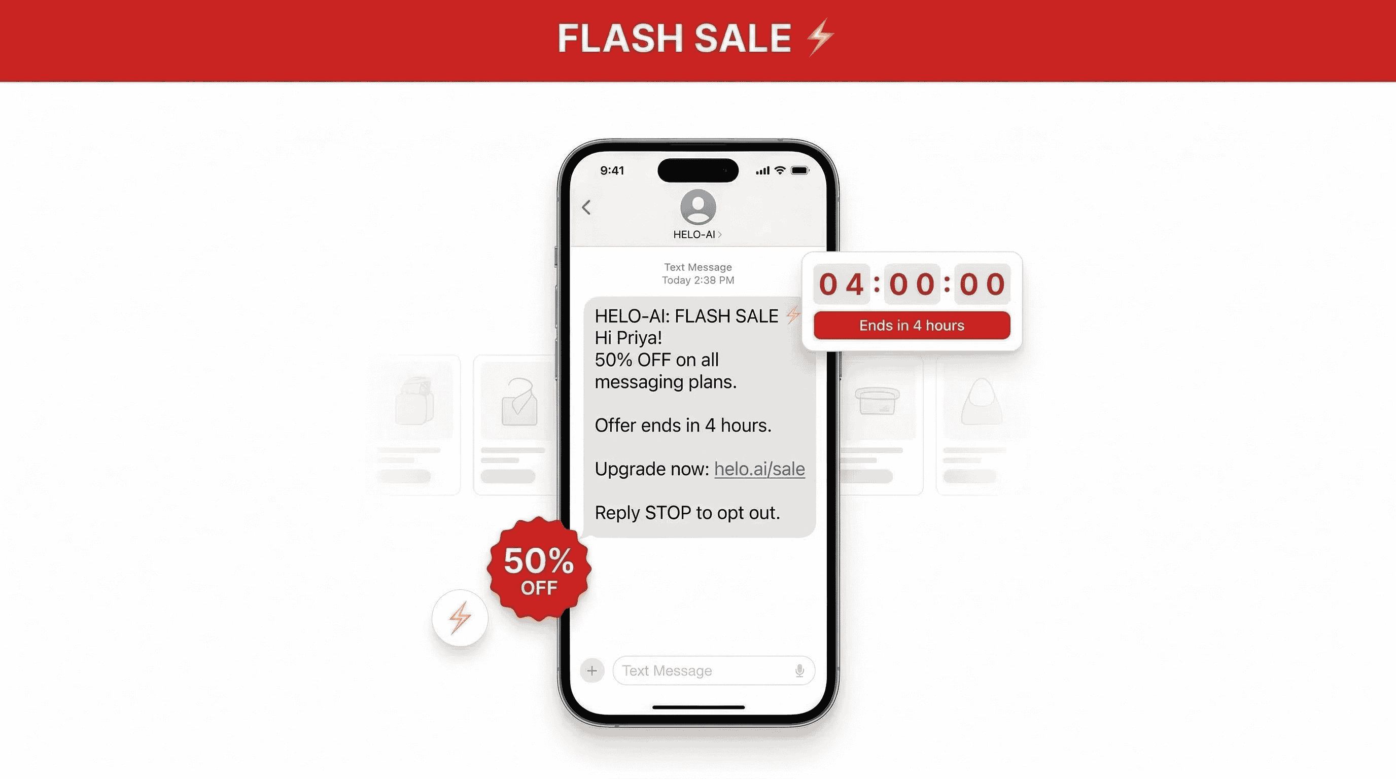 Flash sale SMS mockup with 50% off offer, countdown timer,